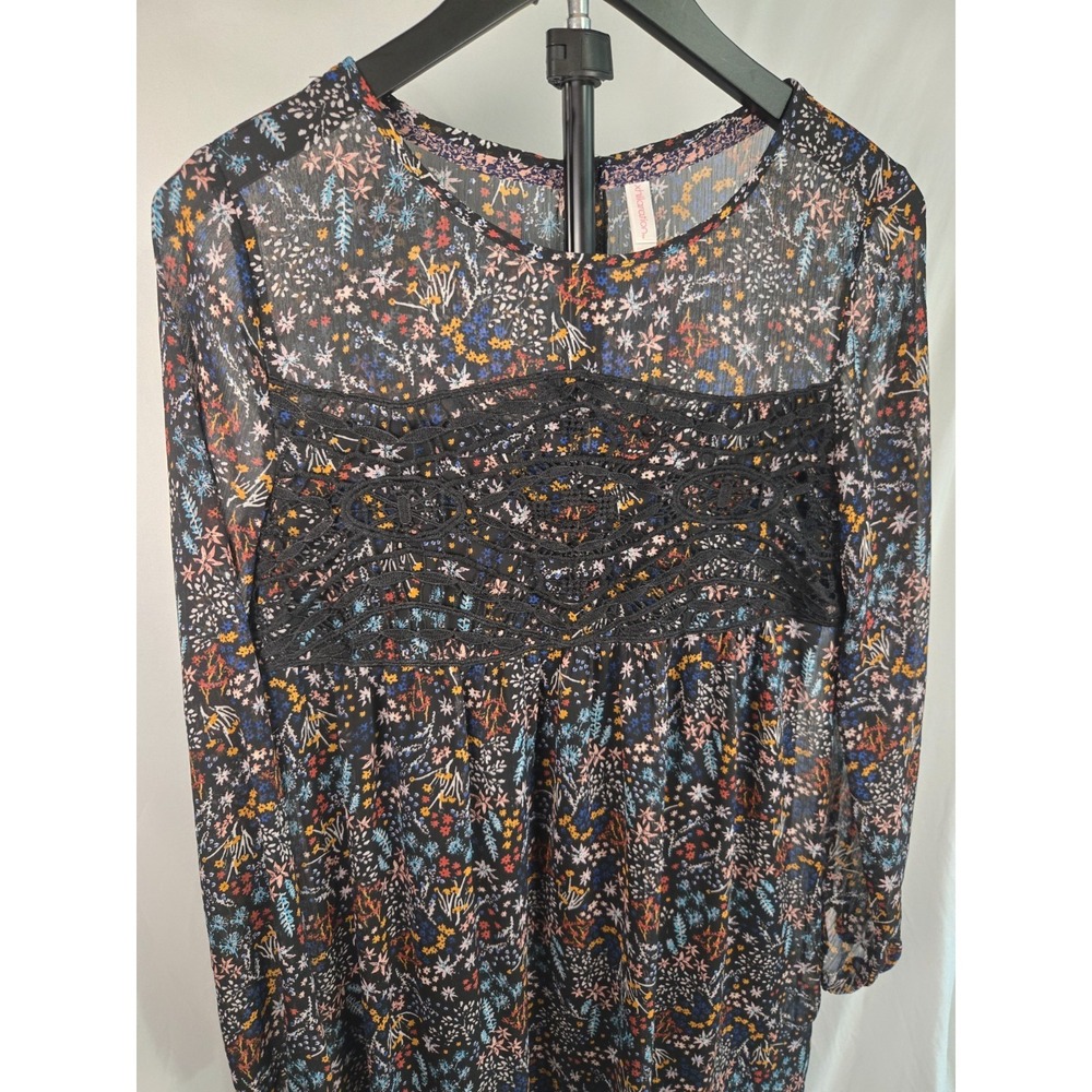 Floral Boho Babydoll Dress Size S Black Sheer Lace Empire Waist Long Sleeve